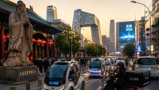 Pechino nel 2026 con statua di Confucio, architettura tradizionale, grattacieli, schermi sull’intelligenza artificiale e veicoli autonomi