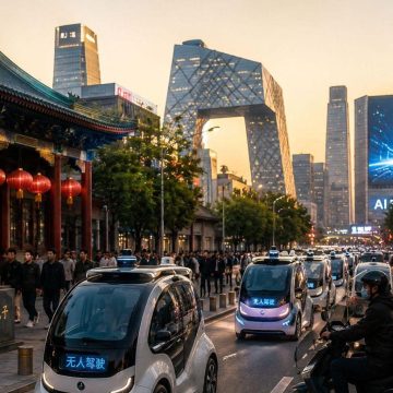 Pechino nel 2026 con statua di Confucio, architettura tradizionale, grattacieli, schermi sull’intelligenza artificiale e veicoli autonomi