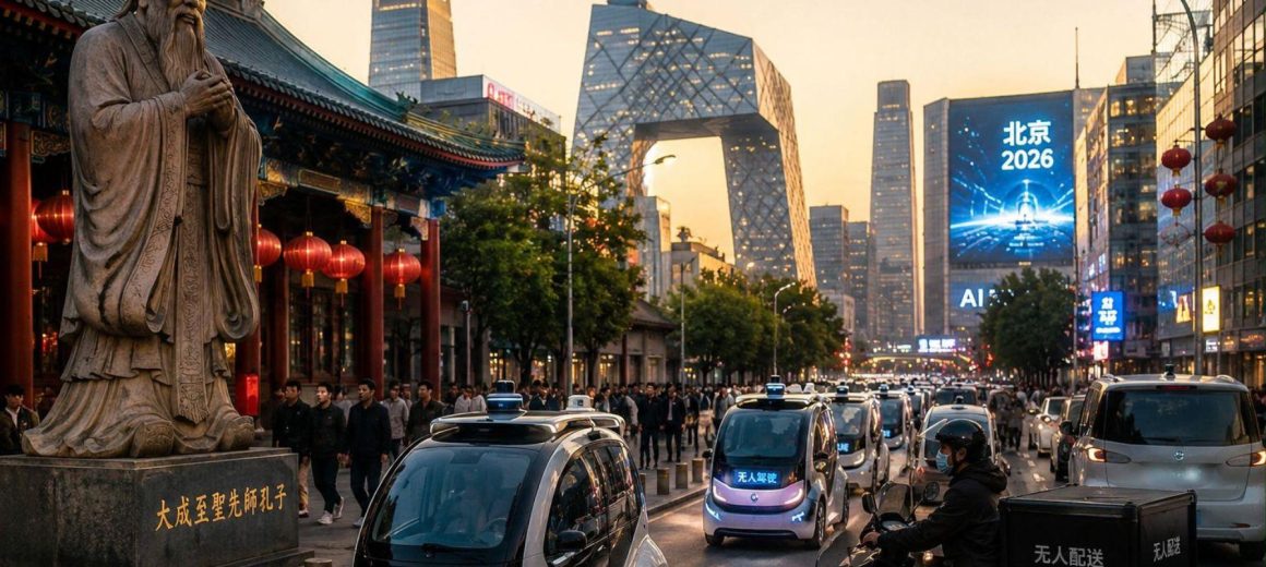 Pechino nel 2026 con statua di Confucio, architettura tradizionale, grattacieli, schermi sull’intelligenza artificiale e veicoli autonomi